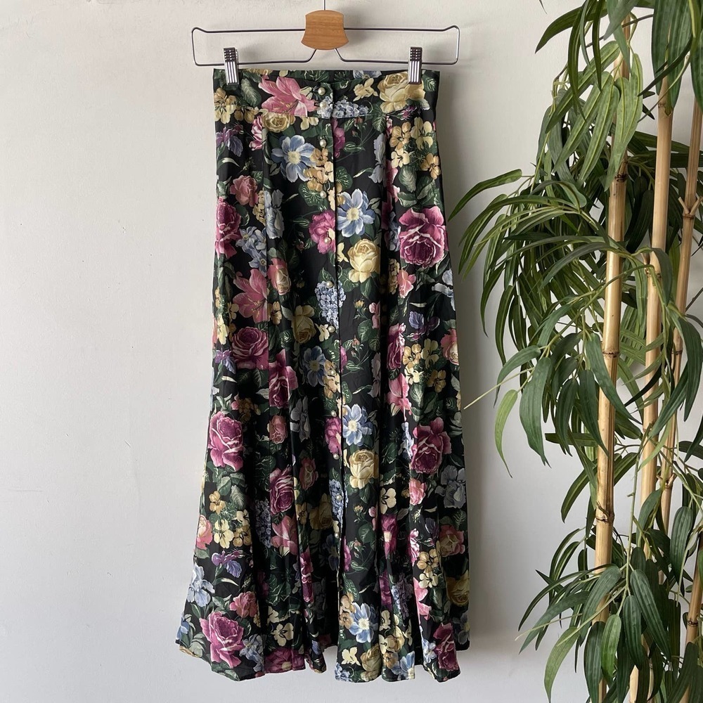 Vintage Words Skirt Womens XS Black Floral Button Down Boho Western Flowy Maxi